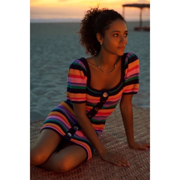 Anthropologie x Farm Rio Renata Rainbow Crochet Mini Dress $218 Medium - Picture 2 of 13